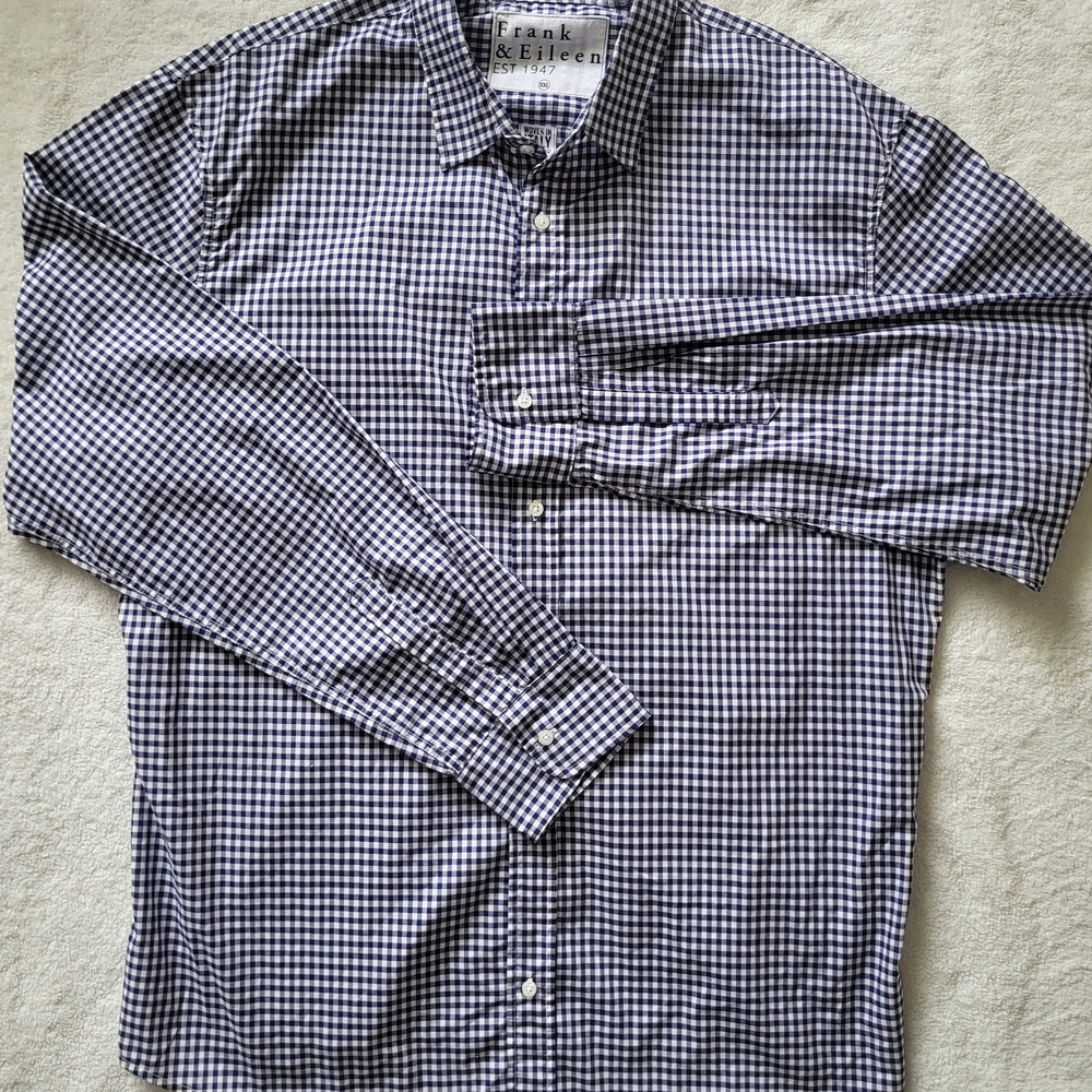 Frank & Eileen Men's Navy Blue/White Checkered Long Sleeve Shirt Size 2XL Preppy